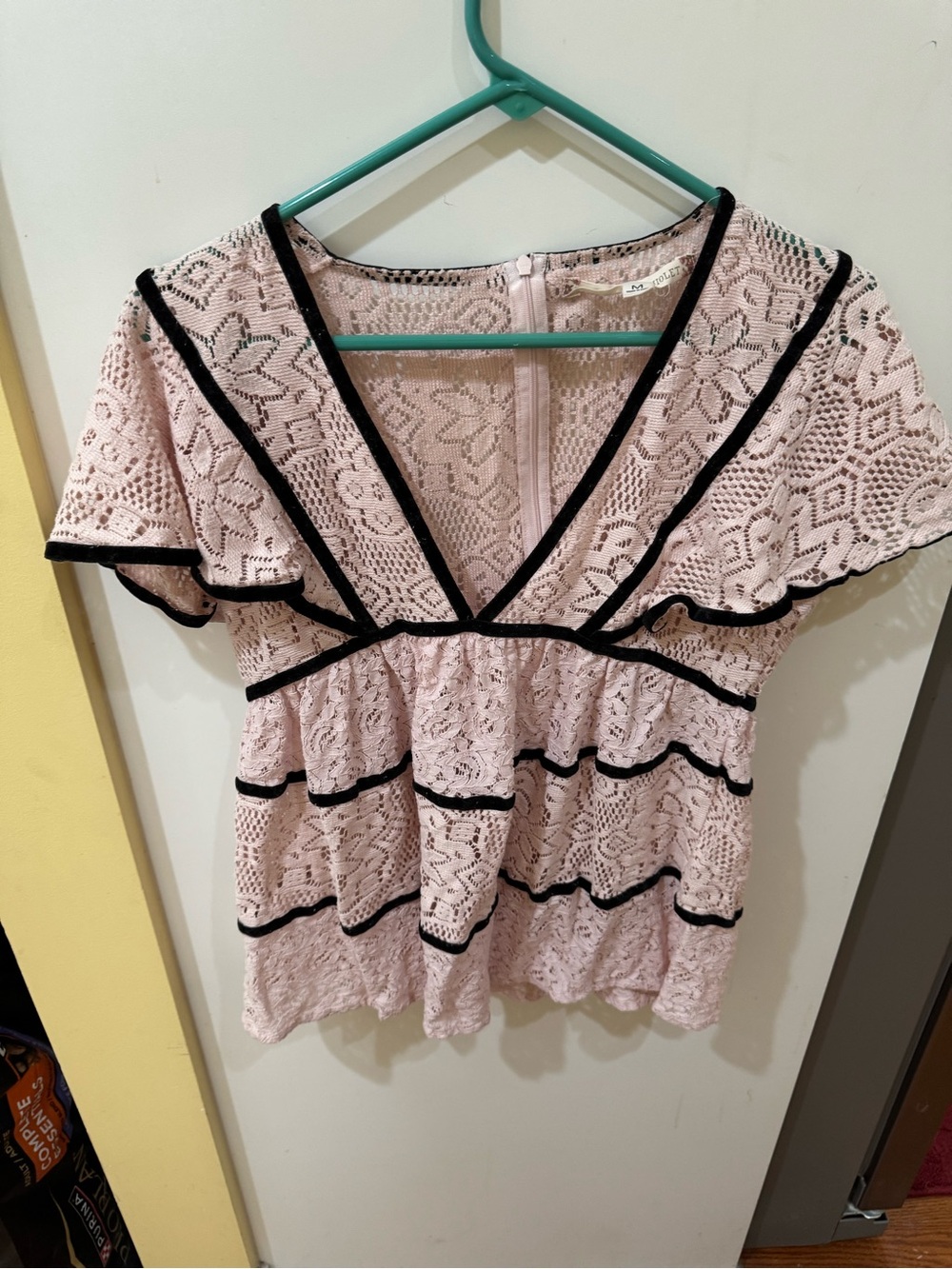 Chelsea & Violet Blush Lace V-Neck Peplum Top with Black Trim
